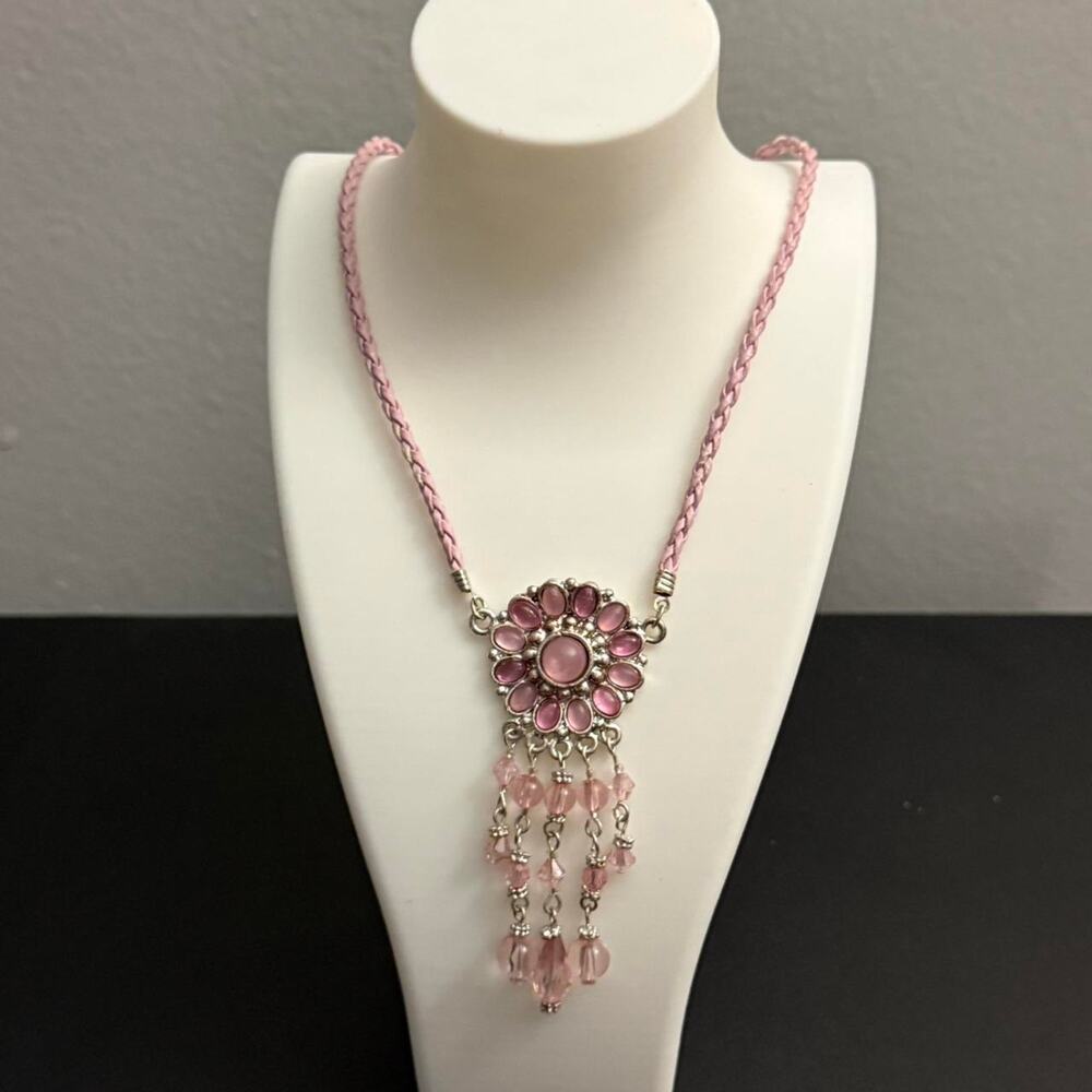Pink beaded necklace with silver